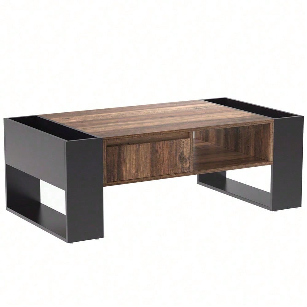 Couchtisch aus Holzmaserung, mit Eine grifflose Schublade, ein Staufach und Heckstaufach,doppelseitiger Stauraum. Mit Staufächern auf beiden Seiten. Wohnzimmer-Sofatisch, großer Stauraum. Anthrazit.