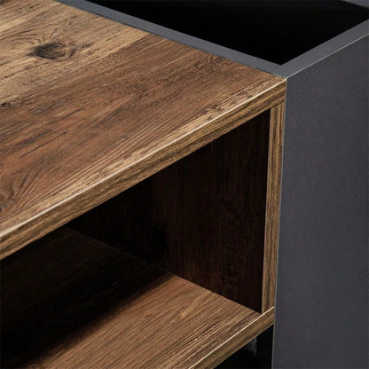 Couchtisch aus Holzmaserung, mit Eine grifflose Schublade, ein Staufach und Heckstaufach,doppelseitiger Stauraum. Mit Staufächern auf beiden Seiten. Wohnzimmer-Sofatisch, großer Stauraum. Anthrazit.