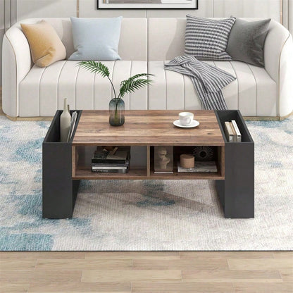 Couchtisch aus Holzmaserung, mit Eine grifflose Schublade, ein Staufach und Heckstaufach,doppelseitiger Stauraum. Mit Staufächern auf beiden Seiten. Wohnzimmer-Sofatisch, großer Stauraum. Anthrazit.