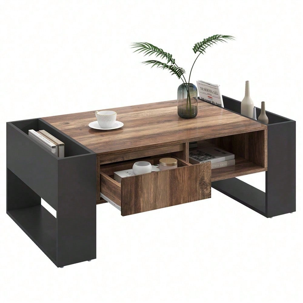 Couchtisch aus Holzmaserung, mit Eine grifflose Schublade, ein Staufach und Heckstaufach,doppelseitiger Stauraum. Mit Staufächern auf beiden Seiten. Wohnzimmer-Sofatisch, großer Stauraum. Anthrazit.