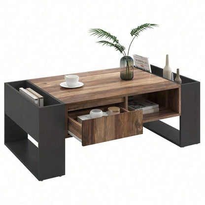 Couchtisch aus Holzmaserung, mit Eine grifflose Schublade, ein Staufach und Heckstaufach,doppelseitiger Stauraum. Mit Staufächern auf beiden Seiten. Wohnzimmer-Sofatisch, großer Stauraum. Anthrazit.