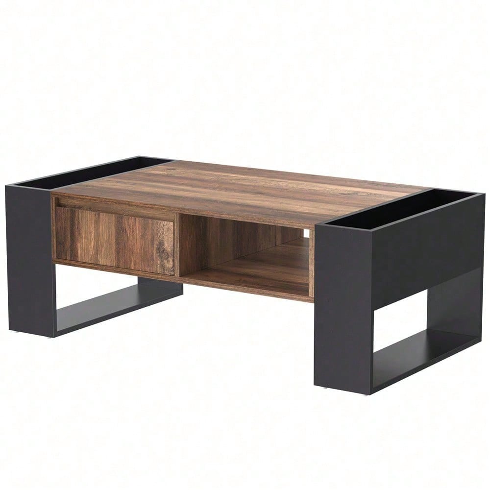 Couchtisch aus Holzmaserung, mit Eine grifflose Schublade, ein Staufach und Heckstaufach,doppelseitiger Stauraum. Mit Staufächern auf beiden Seiten. Wohnzimmer-Sofatisch, großer Stauraum. Anthrazit.