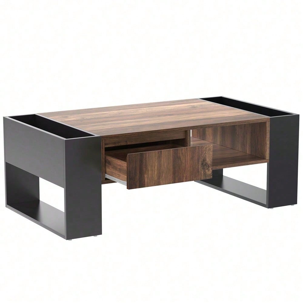 Couchtisch aus Holzmaserung, mit Eine grifflose Schublade, ein Staufach und Heckstaufach,doppelseitiger Stauraum. Mit Staufächern auf beiden Seiten. Wohnzimmer-Sofatisch, großer Stauraum. Anthrazit.