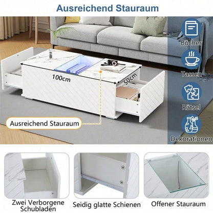 Weißer Couchtisch 100x50x35cm mit Marmoroptik, LED-Beleuchtung, Glas-Element und 2 Schubladen – Belastbar bis 20 kg, modernes Design