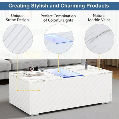 Weißer Couchtisch 100x50x35cm mit Marmoroptik, LED-Beleuchtung, Glas-Element und 2 Schubladen – Belastbar bis 20 kg, modernes Design