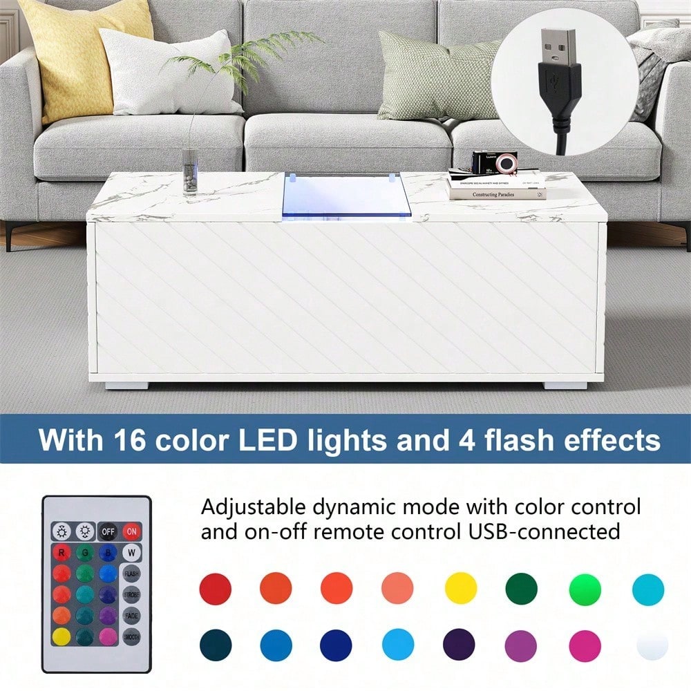 Weißer Couchtisch 100x50x35cm mit Marmoroptik, LED-Beleuchtung, Glas-Element und 2 Schubladen – Belastbar bis 20 kg, modernes Design