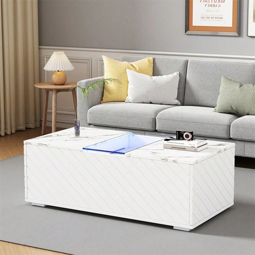 Weißer Couchtisch 100x50x35cm mit Marmoroptik, LED-Beleuchtung, Glas-Element und 2 Schubladen – Belastbar bis 20 kg, modernes Design