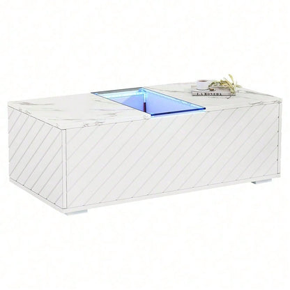 Weißer Couchtisch 100x50x35cm mit Marmoroptik, LED-Beleuchtung, Glas-Element und 2 Schubladen – Belastbar bis 20 kg, modernes Design