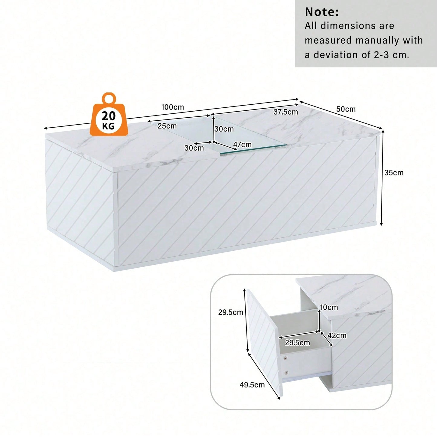 Weißer Couchtisch 100x50x35cm mit Marmoroptik, LED-Beleuchtung, Glas-Element und 2 Schubladen – Belastbar bis 20 kg, modernes Design