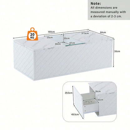 Weißer Couchtisch 100x50x35cm mit Marmoroptik, LED-Beleuchtung, Glas-Element und 2 Schubladen – Belastbar bis 20 kg, modernes Design