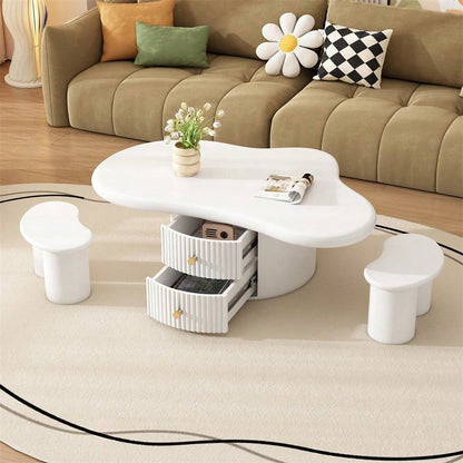 Unregelmäßiger Couchtisch in Wolkenform mit 2 Hockern, 97cm Länge, 67cm Breite, 32cm Höhe, MDF-Tischplatte, inkl. 2 Schubladen und Filzunterlagen,Couchtisch mit 2 kleinen Bänken