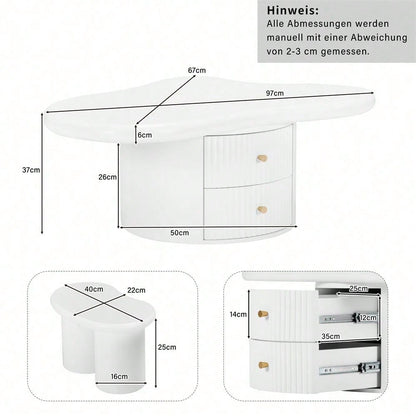 Unregelmäßiger Couchtisch in Wolkenform mit 2 Hockern, 97cm Länge, 67cm Breite, 32cm Höhe, MDF-Tischplatte, inkl. 2 Schubladen und Filzunterlagen,Couchtisch mit 2 kleinen Bänken