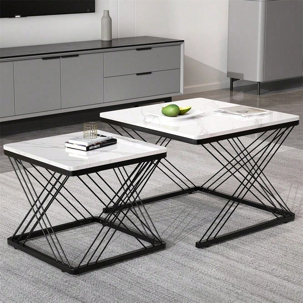 Stilvolles 2-teiliges Couchtisch-Set, quadratische Tische in 60*60*45cm & 45*45*40cm, hochglänzende Marmoroptik, höhenverstellbare Füße, bis 30kg belastbar,Hochglanz-Kombi-Couchtisch