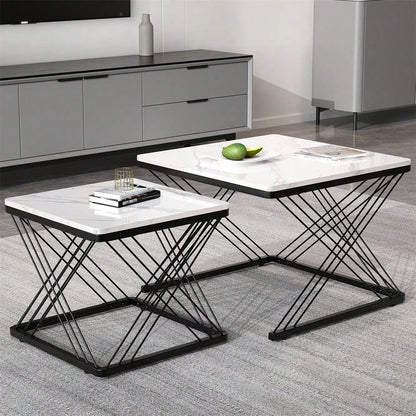 Stilvolles 2-teiliges Couchtisch-Set, quadratische Tische in 60*60*45cm & 45*45*40cm, hochglänzende Marmoroptik, höhenverstellbare Füße, bis 30kg belastbar,Hochglanz-Kombi-Couchtisch