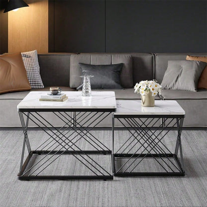 Stilvolles 2-teiliges Couchtisch-Set, quadratische Tische in 60*60*45cm & 45*45*40cm, hochglänzende Marmoroptik, höhenverstellbare Füße, bis 30kg belastbar,Hochglanz-Kombi-Couchtisch