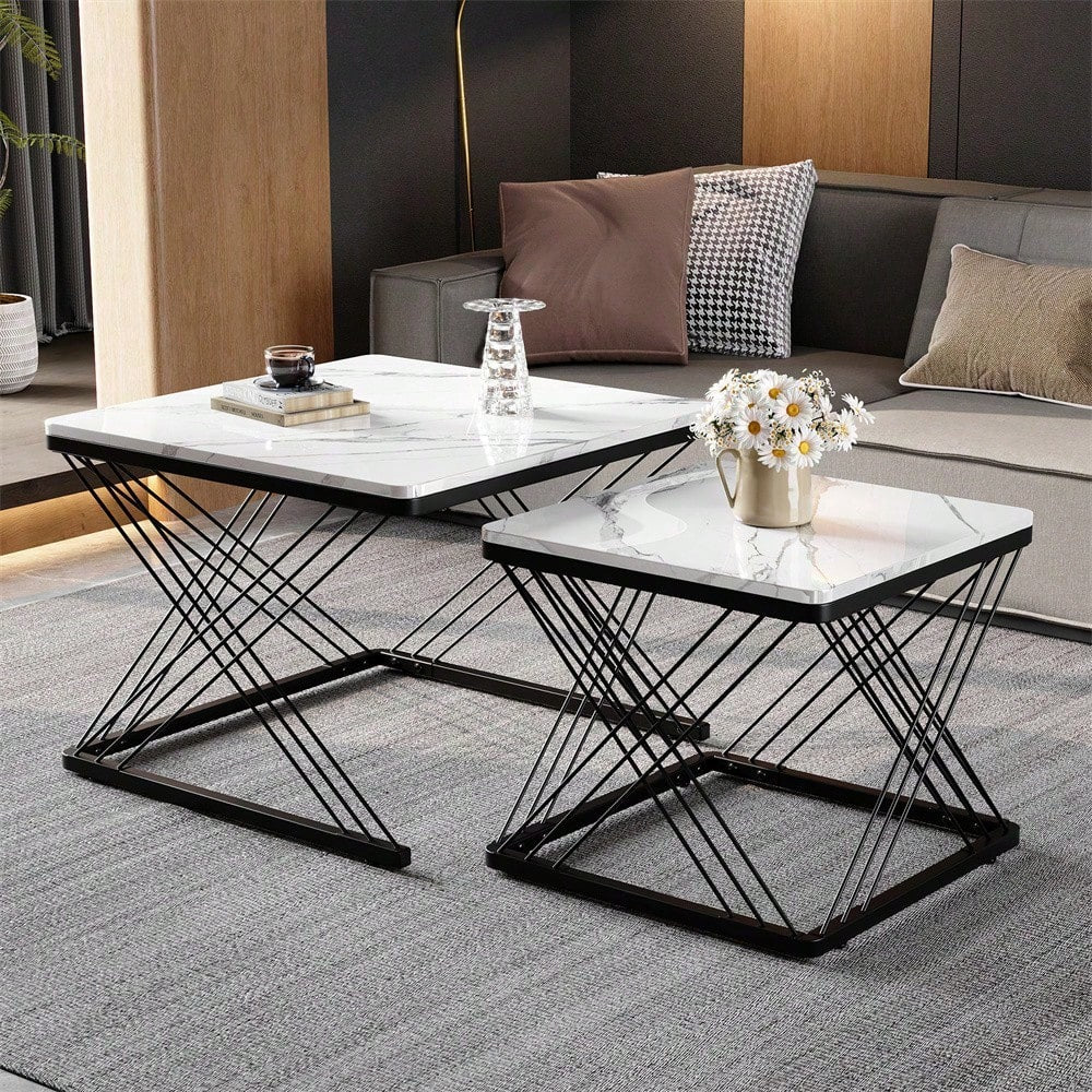 Stilvolles 2-teiliges Couchtisch-Set, quadratische Tische in 60*60*45cm & 45*45*40cm, hochglänzende Marmoroptik, höhenverstellbare Füße, bis 30kg belastbar,Hochglanz-Kombi-Couchtisch