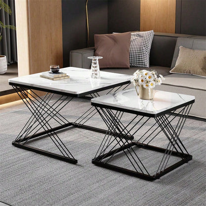 Stilvolles 2-teiliges Couchtisch-Set, quadratische Tische in 60*60*45cm & 45*45*40cm, hochglänzende Marmoroptik, höhenverstellbare Füße, bis 30kg belastbar,Hochglanz-Kombi-Couchtisch