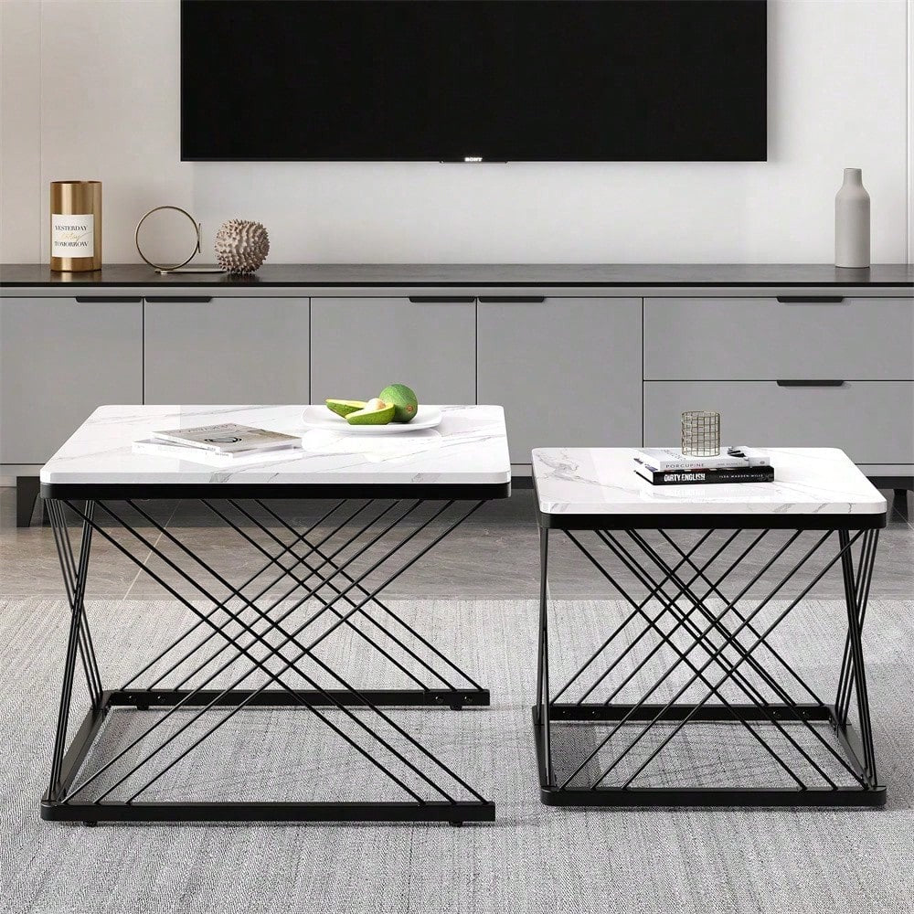 Stilvolles 2-teiliges Couchtisch-Set, quadratische Tische in 60*60*45cm & 45*45*40cm, hochglänzende Marmoroptik, höhenverstellbare Füße, bis 30kg belastbar,Hochglanz-Kombi-Couchtisch