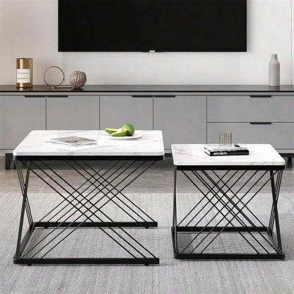 Stilvolles 2-teiliges Couchtisch-Set, quadratische Tische in 60*60*45cm & 45*45*40cm, hochglänzende Marmoroptik, höhenverstellbare Füße, bis 30kg belastbar,Hochglanz-Kombi-Couchtisch