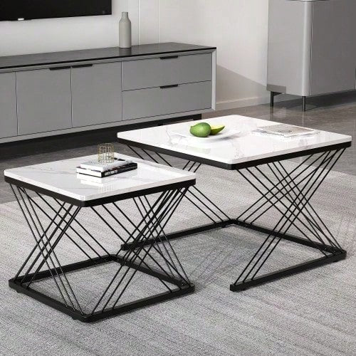 Stilvolles 2-teiliges Couchtisch-Set, quadratische Tische in 60*60*45cm & 45*45*40cm, hochglänzende Marmoroptik, höhenverstellbare Füße, bis 30kg belastbar,Hochglanz-Kombi-Couchtisch
