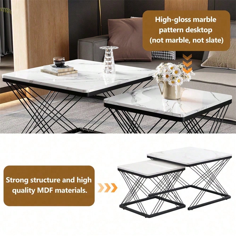 Stilvolles 2-teiliges Couchtisch-Set, quadratische Tische in 60*60*45cm & 45*45*40cm, hochglänzende Marmoroptik, höhenverstellbare Füße, bis 30kg belastbar,Hochglanz-Kombi-Couchtisch