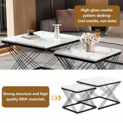 Stilvolles 2-teiliges Couchtisch-Set, quadratische Tische in 60*60*45cm & 45*45*40cm, hochglänzende Marmoroptik, höhenverstellbare Füße, bis 30kg belastbar,Hochglanz-Kombi-Couchtisch