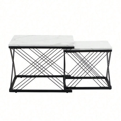 Stilvolles 2-teiliges Couchtisch-Set, quadratische Tische in 60*60*45cm & 45*45*40cm, hochglänzende Marmoroptik, höhenverstellbare Füße, bis 30kg belastbar,Hochglanz-Kombi-Couchtisch