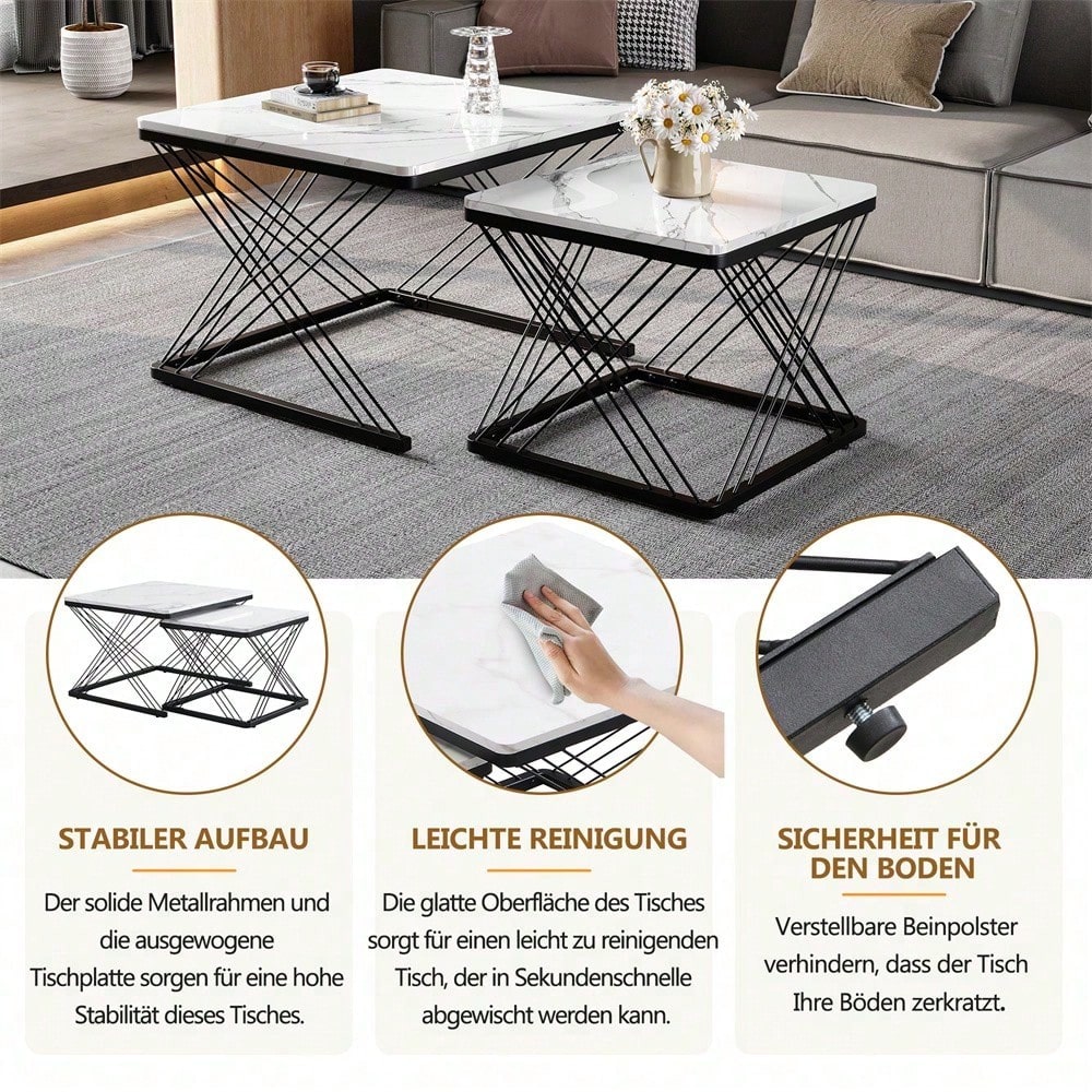 Stilvolles 2-teiliges Couchtisch-Set, quadratische Tische in 60*60*45cm & 45*45*40cm, hochglänzende Marmoroptik, höhenverstellbare Füße, bis 30kg belastbar,Hochglanz-Kombi-Couchtisch