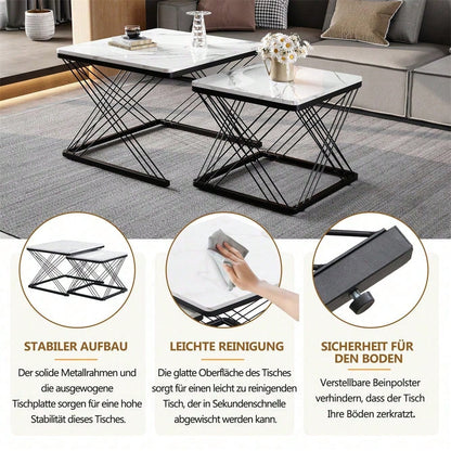 Stilvolles 2-teiliges Couchtisch-Set, quadratische Tische in 60*60*45cm & 45*45*40cm, hochglänzende Marmoroptik, höhenverstellbare Füße, bis 30kg belastbar,Hochglanz-Kombi-Couchtisch