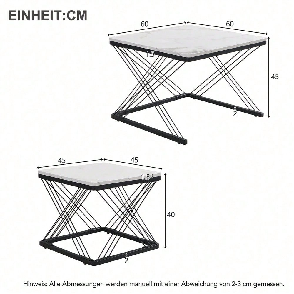 Stilvolles 2-teiliges Couchtisch-Set, quadratische Tische in 60*60*45cm & 45*45*40cm, hochglänzende Marmoroptik, höhenverstellbare Füße, bis 30kg belastbar,Hochglanz-Kombi-Couchtisch