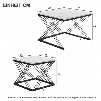 Stilvolles 2-teiliges Couchtisch-Set, quadratische Tische in 60*60*45cm & 45*45*40cm, hochglänzende Marmoroptik, höhenverstellbare Füße, bis 30kg belastbar,Hochglanz-Kombi-Couchtisch