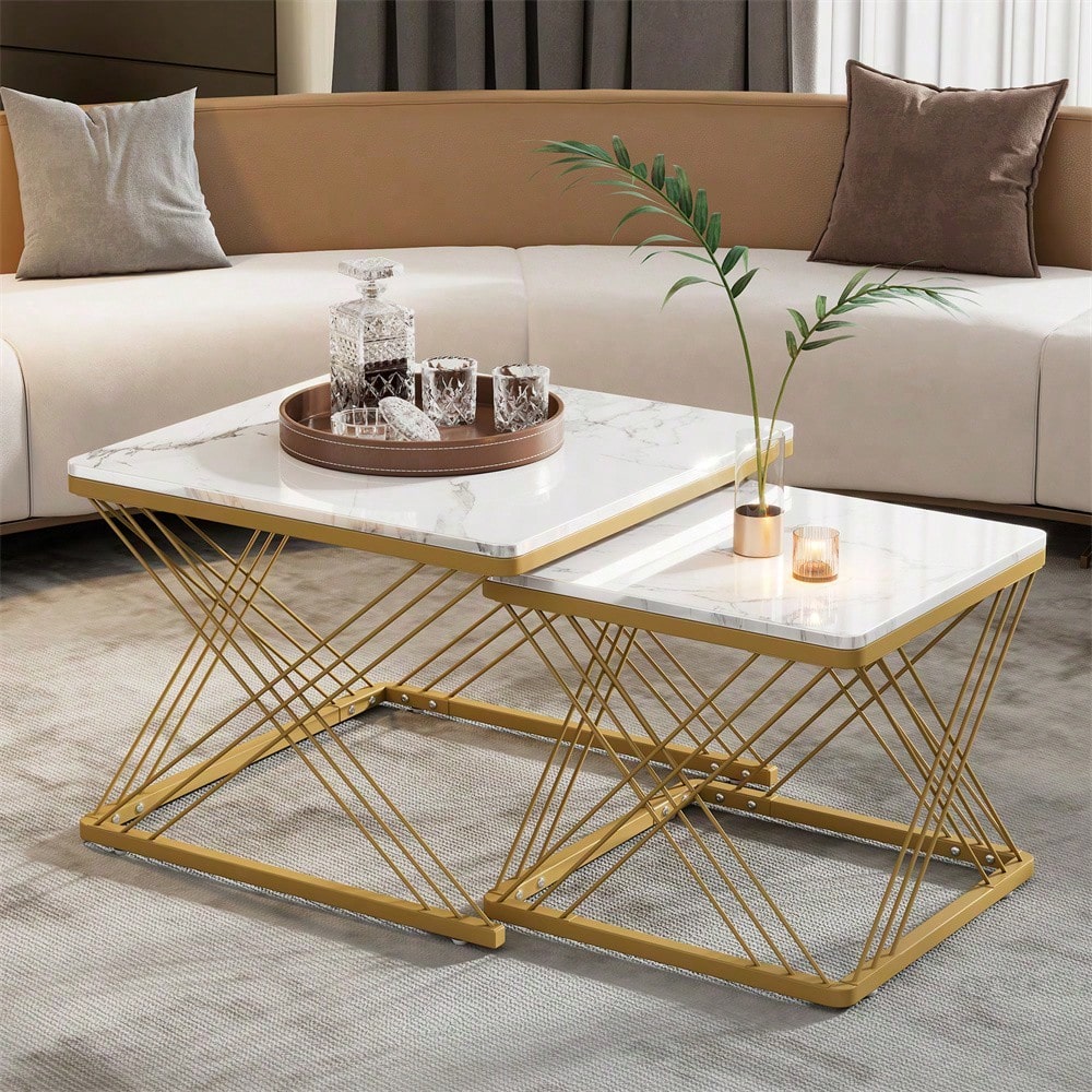 Stilvolles 2-teiliges Couchtisch-Set, quadratische Tische in 60*60*45cm & 45*45*40cm, hochglänzende Marmoroptik, höhenverstellbare Füße, bis 30kg belastbar,Hochglanz-Kombi-Couchtisch