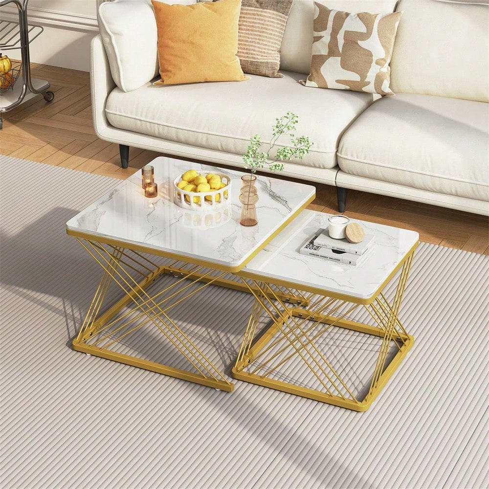 Stilvolles 2-teiliges Couchtisch-Set, quadratische Tische in 60*60*45cm & 45*45*40cm, hochglänzende Marmoroptik, höhenverstellbare Füße, bis 30kg belastbar,Hochglanz-Kombi-Couchtisch