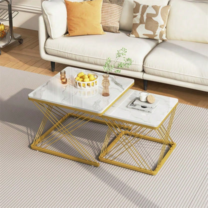 Stilvolles 2-teiliges Couchtisch-Set, quadratische Tische in 60*60*45cm & 45*45*40cm, hochglänzende Marmoroptik, höhenverstellbare Füße, bis 30kg belastbar,Hochglanz-Kombi-Couchtisch