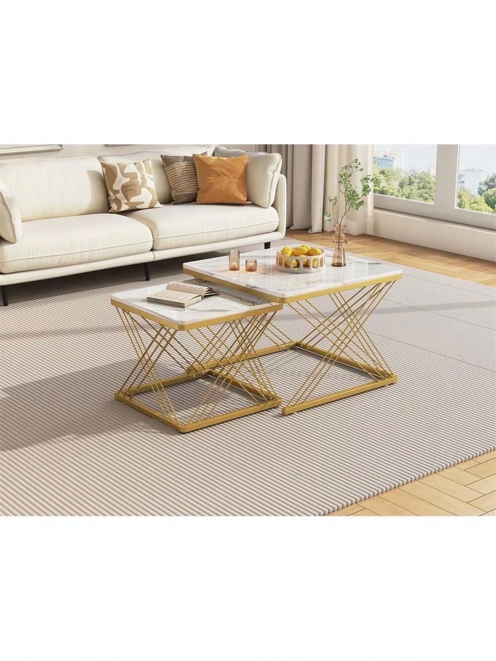 Stilvolles 2-teiliges Couchtisch-Set, quadratische Tische in 60*60*45cm & 45*45*40cm, hochglänzende Marmoroptik, höhenverstellbare Füße, bis 30kg belastbar,Hochglanz-Kombi-Couchtisch