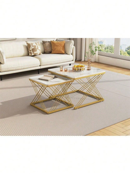 Stilvolles 2-teiliges Couchtisch-Set, quadratische Tische in 60*60*45cm & 45*45*40cm, hochglänzende Marmoroptik, höhenverstellbare Füße, bis 30kg belastbar,Hochglanz-Kombi-Couchtisch