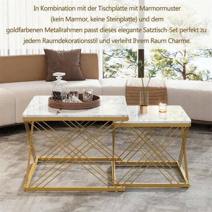 Stilvolles 2-teiliges Couchtisch-Set, quadratische Tische in 60*60*45cm & 45*45*40cm, hochglänzende Marmoroptik, höhenverstellbare Füße, bis 30kg belastbar,Hochglanz-Kombi-Couchtisch
