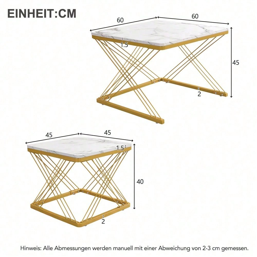 Stilvolles 2-teiliges Couchtisch-Set, quadratische Tische in 60*60*45cm & 45*45*40cm, hochglänzende Marmoroptik, höhenverstellbare Füße, bis 30kg belastbar,Hochglanz-Kombi-Couchtisch