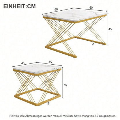 Stilvolles 2-teiliges Couchtisch-Set, quadratische Tische in 60*60*45cm & 45*45*40cm, hochglänzende Marmoroptik, höhenverstellbare Füße, bis 30kg belastbar,Hochglanz-Kombi-Couchtisch