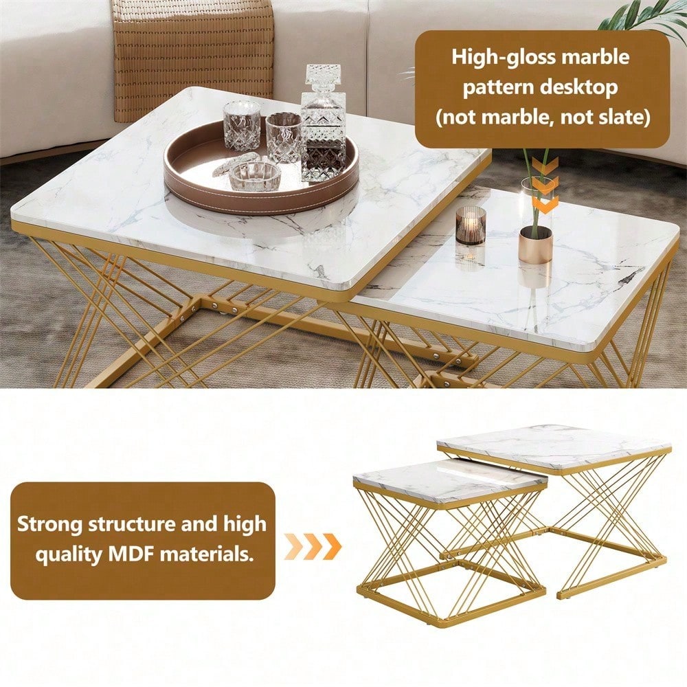 Stilvolles 2-teiliges Couchtisch-Set, quadratische Tische in 60*60*45cm & 45*45*40cm, hochglänzende Marmoroptik, höhenverstellbare Füße, bis 30kg belastbar,Hochglanz-Kombi-Couchtisch
