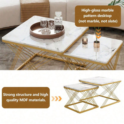 Stilvolles 2-teiliges Couchtisch-Set, quadratische Tische in 60*60*45cm & 45*45*40cm, hochglänzende Marmoroptik, höhenverstellbare Füße, bis 30kg belastbar,Hochglanz-Kombi-Couchtisch