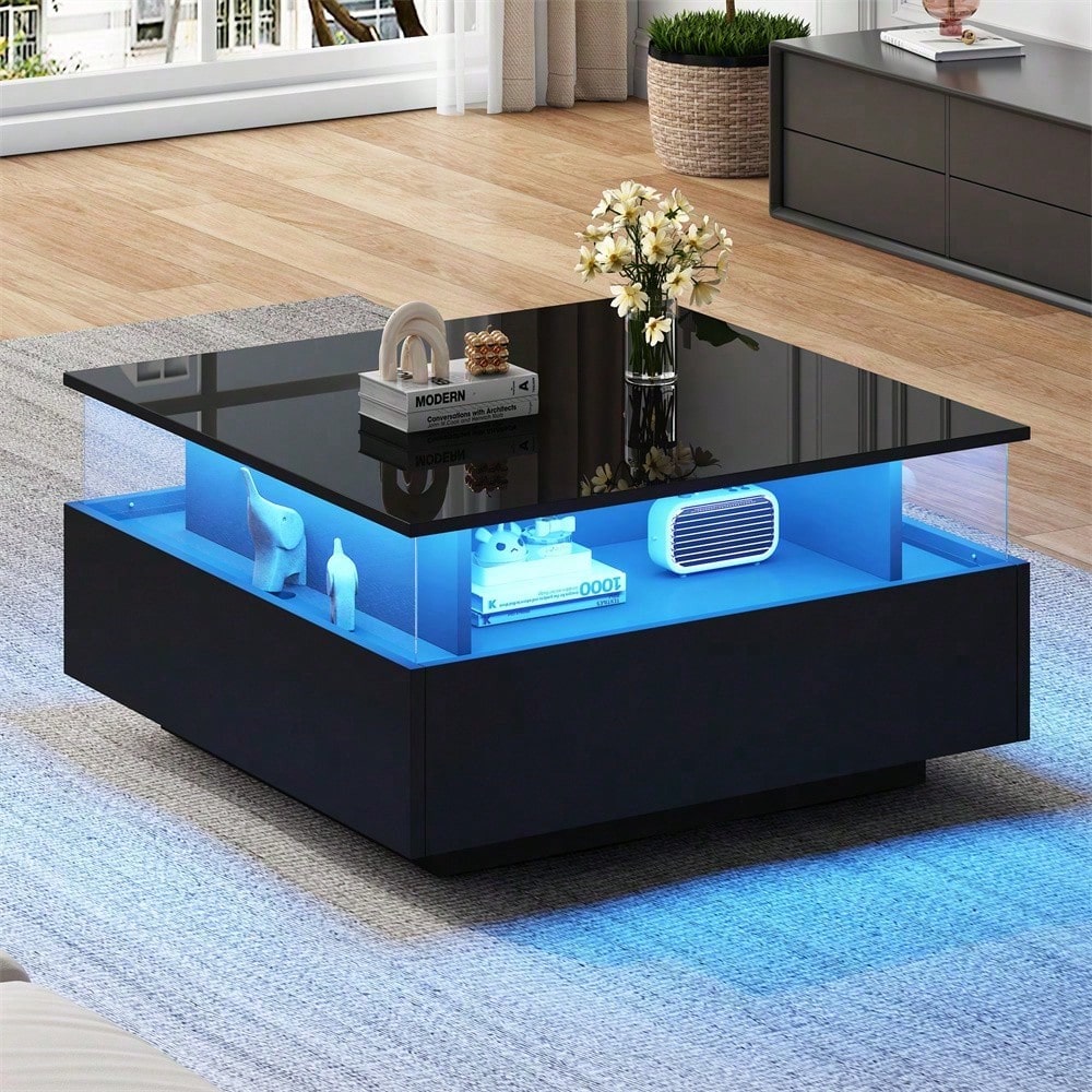 Modernes Hochglanz-LED-Couchtisch Kaffeetisch 70*70*41cm mit 2 Schubladen und transparentem Präsentationsbereich – Belastbar bis 30 kg, ideal für stilvolle Wohnzimmer