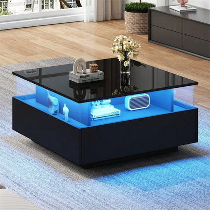 Modernes Hochglanz-LED-Couchtisch Kaffeetisch 70*70*41cm mit 2 Schubladen und transparentem Präsentationsbereich – Belastbar bis 30 kg, ideal für stilvolle Wohnzimmer