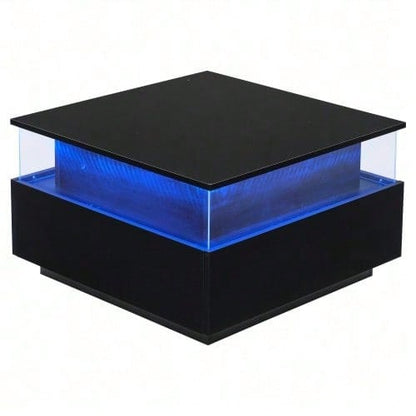 Modernes Hochglanz-LED-Couchtisch Kaffeetisch 70*70*41cm mit 2 Schubladen und transparentem Präsentationsbereich – Belastbar bis 30 kg, ideal für stilvolle Wohnzimmer