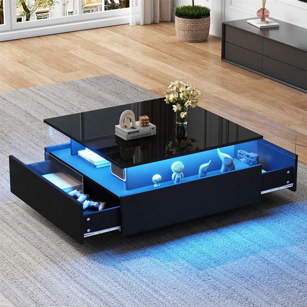 Modernes Hochglanz-LED-Couchtisch Kaffeetisch 70*70*41cm mit 2 Schubladen und transparentem Präsentationsbereich – Belastbar bis 30 kg, ideal für stilvolle Wohnzimmer