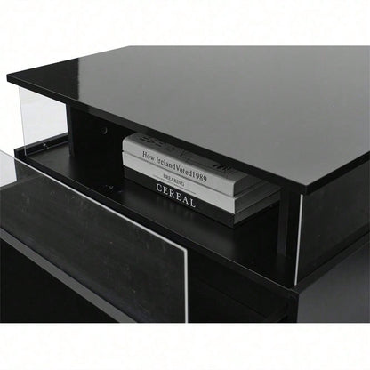 Modernes Hochglanz-LED-Couchtisch Kaffeetisch 70*70*41cm mit 2 Schubladen und transparentem Präsentationsbereich – Belastbar bis 30 kg, ideal für stilvolle Wohnzimmer