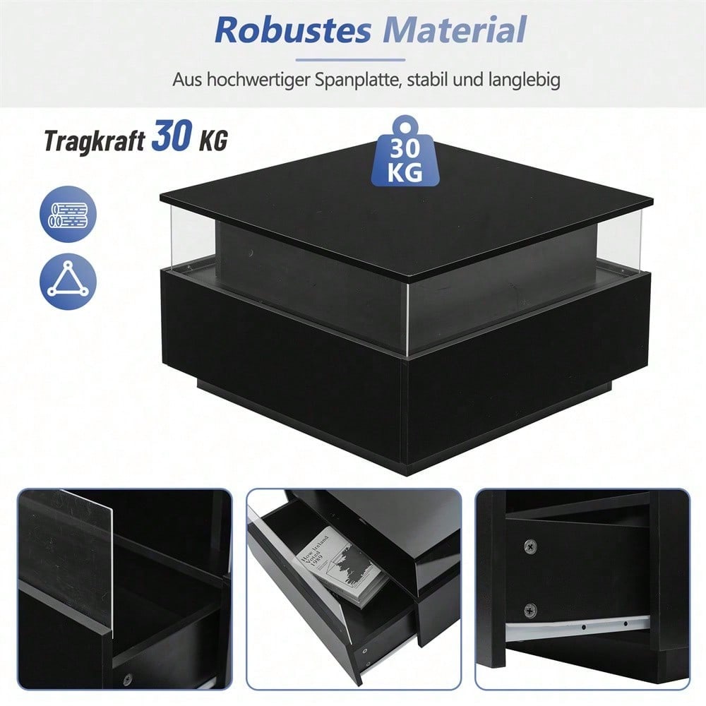 Modernes Hochglanz-LED-Couchtisch Kaffeetisch 70*70*41cm mit 2 Schubladen und transparentem Präsentationsbereich – Belastbar bis 30 kg, ideal für stilvolle Wohnzimmer