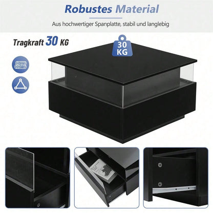 Modernes Hochglanz-LED-Couchtisch Kaffeetisch 70*70*41cm mit 2 Schubladen und transparentem Präsentationsbereich – Belastbar bis 30 kg, ideal für stilvolle Wohnzimmer