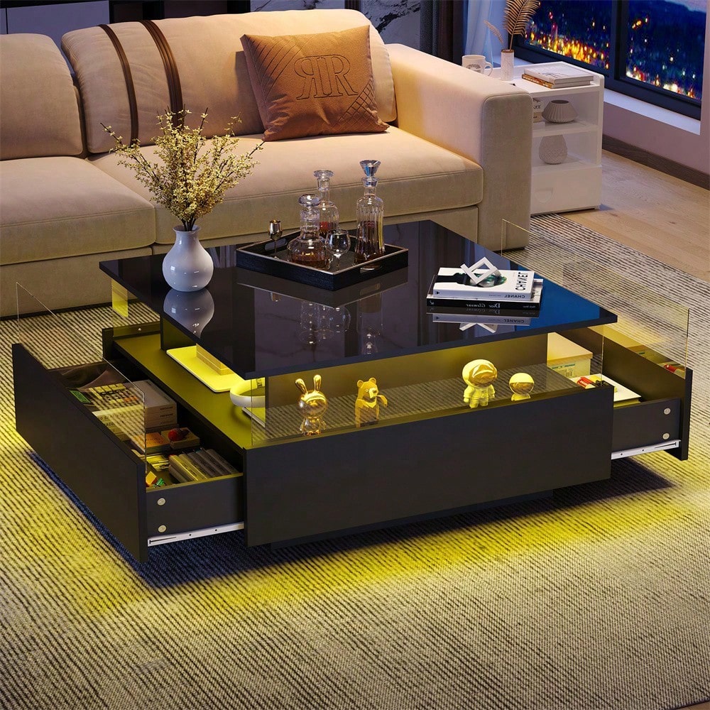 Modernes Hochglanz-LED-Couchtisch Kaffeetisch 70*70*41cm mit 2 Schubladen und transparentem Präsentationsbereich – Belastbar bis 30 kg, ideal für stilvolle Wohnzimmer