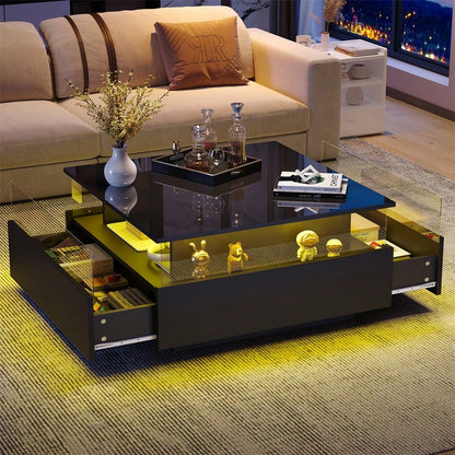 Modernes Hochglanz-LED-Couchtisch Kaffeetisch 70*70*41cm mit 2 Schubladen und transparentem Präsentationsbereich – Belastbar bis 30 kg, ideal für stilvolle Wohnzimmer